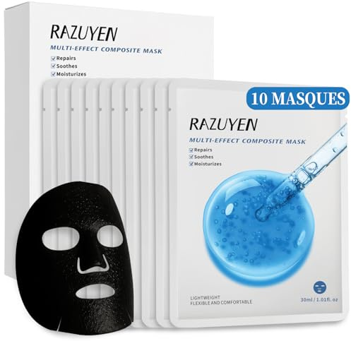 RAZUYEN Lugnande och Återfuktande Ansiktsmask med Kamomill, Centella och Hyaluronsyra, Fuktgivande Sheet Mask för Känslig Hud, 10 x 30ml