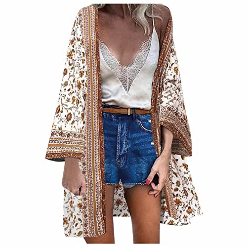 Damen Blumendruck Kimono Strickjacke Boho Strandkleid Pareos Poncho Sommer Strand Cardigan Bikini Cover Up