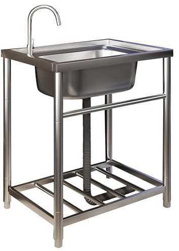 Lavandino da Esterno,Lavabo da Giardino con Rubinetto,Lavandino Campeggio Portatile,Mobile Lavello Cucina Utilità,Lavatoio Autoportante In Acciaio Inox con Scolapiatti,per Commerciale,Garage(47x42x75c