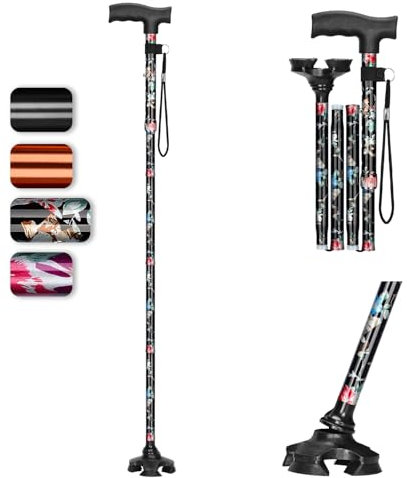 supregear Bastone da Passeggio Pieghevole, Antiscivolo Self-Standing 4 Zampe Bastone per Anziani Disabili, 5-Livello Altezza Regolabile Bastone con T-Maniglia e Anti-Perso Polso Cinghia