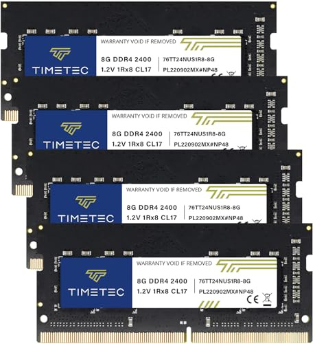 Timetec 32GB Kit(4x8GB) DDR4 2400 MHz (PC4-2400T) PC4-19200 SODIMM – Sin ECC, sin búfer, 260 Pines, 1,2V CL17, módulo de Memoria para portátiles, Mini PC y Ordenadores Todo en uno.