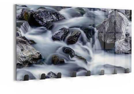 DEQORI Wandgarderobe Glas & Metall | Motiv Winterflusslauf | 60x30 cm | Design Haken-Leiste modern | Garderoben-Paneel für Flur, Wohnzimmer & Schlafzimmer | magnetisch & beschreibbar