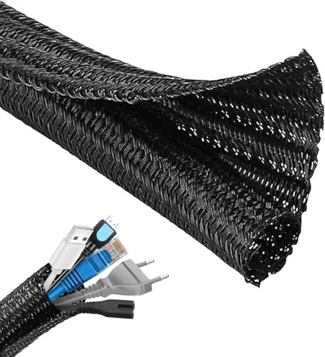 10ft Black Cable Tidy Sleeve,Cord Protector Wire Loom Tubing Cable Sleeve Split Sleeving,Braided Cable Sleeve Split& Self-wrap Sleeving for Usb Cable Power Cord Audio Video Cable(Black)