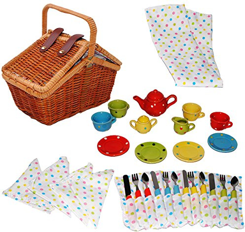 alles-meine.de GmbH Set: Picknickkorb - Teeservice & Kaffeeservice - Bunte Punkte - Geschirr aus Porzellan/Keramik - Puppengeschirr - 33 TLG. Picknick-Korb/Picknick Körbc..