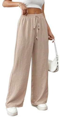 Risipu Women Linen Trousers Summer Wide Leg Trousers High Waisted Breathable Palazzo Casual Cotton Pants with Side Pocket (XL, Khaki)