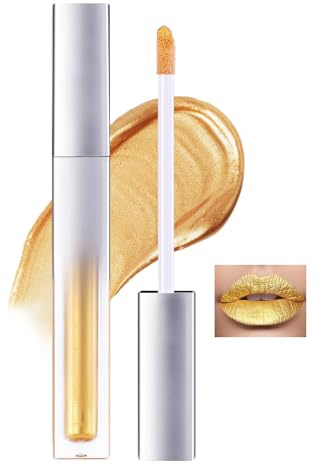 Prreal Metallic Liquid Lipstick, Glitter Lip Gloss, Moisture Shimmer Lip Gross, Diamond Pearl Shine, Non-Sticky Long Lasting Metallic Lipstick Golden Lip Eyeshadow Makeup, 06 Gold