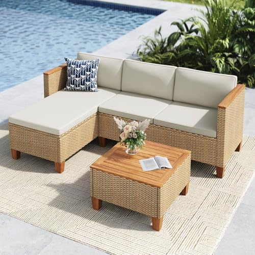 MFSTUDIO Rattan Garden Furniture Sets 3 Pieces with Beige Cushion Outdoor Small L-Shaped Couch Sofa with Wood Table Garden Chaise & 2-Seat Chairs Wicker Outdoor Sofa Conversation Set for 4 People