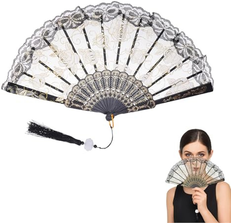 UZYXC 1 Stück Schwarzer Spitzen Fächer mit Rosenstickerei, Klappbarer Handfächer für Hochzeit Abschlussball Fasching Party, Leicht und Tragbar als Dekoration oder Foto Prop