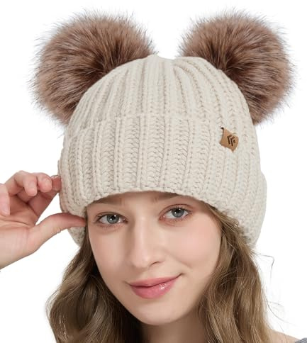 Creekstone dubbel pom pom mössa vintermössor för kvinnor flickor, varm fleecefodrad mössa, tjock stickad hatt fuskpäls noppmössa, BEIgE, one size