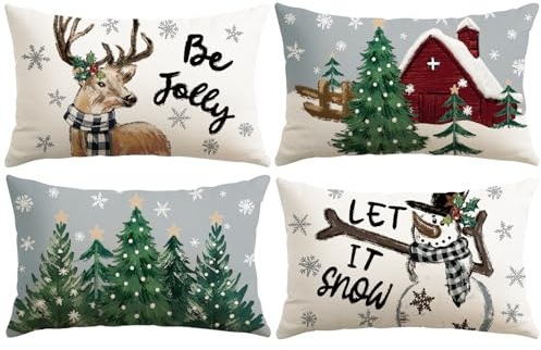 Artscope 4er Set Schneemann und Elch Kissenbezüge 40x60cm Weihnachten Zierkissenbezug Wohnkultur Dekokissen Kissenhülle Sofakissen für Sofa (Weiß und Grau)