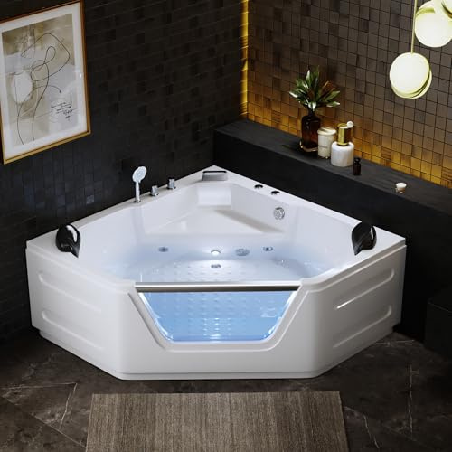 Corner Bathtub - 59”Jetted Soaking Bathtub for 2 Person with 7 Color Lights - Home Spa Bath tub with 6 Jets Hydro Massage Acrylic Soaking Tub with Double Pillow Chromatherapy - ETL Certified