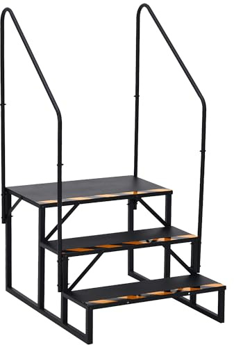 Cachpib RV Steps RV Stairs with Handrails Hot Tub Steps Mobile Home Stairs Step Outdoor Steel Step Ladder Support for RVs Travel Camper Trailers Motor Home Camper Porch