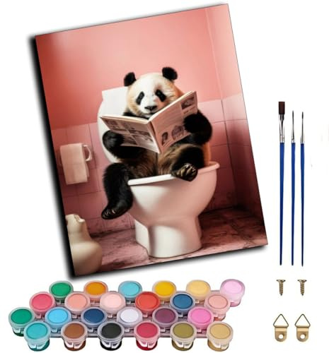 Peinture par Numéros pour Adultes -Panda géant rose lisant le journal aux toilettes 40X50 Cm Toile De Lin Peinture Numérique par Numéros Kits Adulte Cadeaux Décoration De La Maison,sans cadre