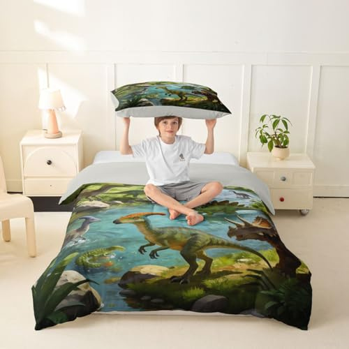 Castle Fairy Watercolor Dinosour Girls Bedding Set Twin Size, Jungle Animals Theme Duvet Cover Set，Dino Ancient Animals Room Decor,Blue Green Quilt Cover,1 Pillowcase(No Comforter)