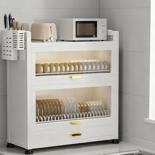Stor kapacitet, dammtätt Kina-skåp med lådor, multifunktionellt Kina-skåp med nedrullningsbar dörr - avtagbar vattenbricka, platsbesparande (vit, 57 cm/22,4 tum)