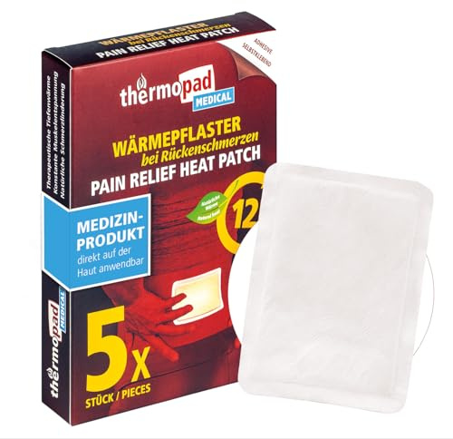 THERMOPAD Medical – 5, 10 o 30 parches térmicos médicos – 12 horas de calor profundo para aliviar la tensión muscular – Almohadillas térmicas para espalda (05 unidades)