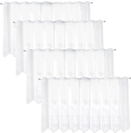 LCFVOFU 4er Scheibengardine, 130 * 45cm Weiß Halbtransparent Bistrogardine, Modern Kurze Scheibengardinen Blumen und Schmetterlingsmuster für Wohnzimmer Küche Wohnwagen