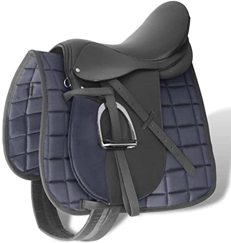 Runheo Pferdereiten Sattelset 17,5 Zoll echtes Leder schwarz 12 cm Kammerweite mit Gurt Steigbügelhalter 5-in-1 Set für Dressur Springen Voltigieren Training Komfort und Sicherheit