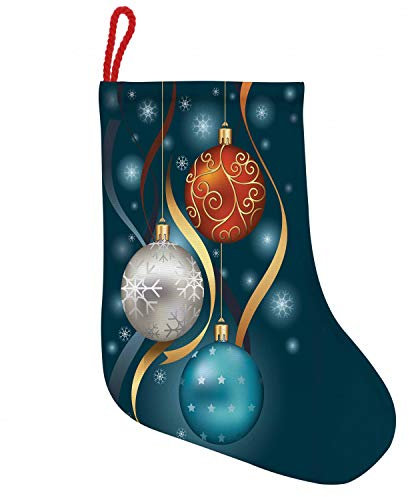 ABAKUHAUS Weihnachten Hängende Nikolausstiefel Weihnachtssocken, Vivid Balls Ribbons, Weihnachtsstrumpf zum Aufhängen, 25x35cm, Petrol Blau, Grau, Rot