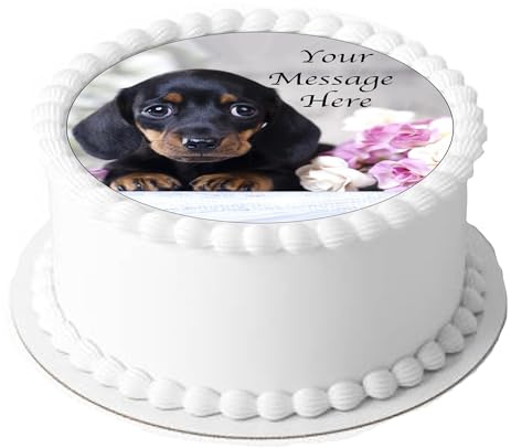 A4 Edible Decor Icing Sheet PERSONALISED Cute Dachshund Dog Puppy 7-8 Circle Cake Topper Decoration - Great for larger cakes