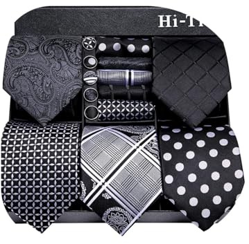 Hi-Tie Lot 5 Pcs Gift Box Mens Tie Set Necktie with Pocket Square Cufflinks Silk Neck Tie Collection,Blacks Multicolor