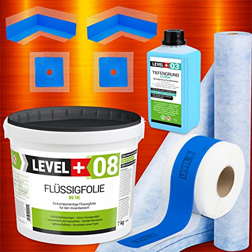 Dicht-Set 7Kg Flüssigfolie, 1m Dichtbahn, 5m Dichtband, 2 Innenecken, 2 Wandmanschetten, 1L Tiefengrund, Dusche, Bad, Küche SET344