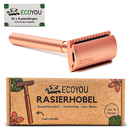 EcoYou Rasierhobel Metallic Rosé inkl. 10 Rasierklingen ZERO WASTE Rasierhobel Damen, inkl. E-Book Plastikfreier Nassrasierer - Sicherheitsrasierer & Sanft zur Haut Nachhaltiger Rasierer Herren