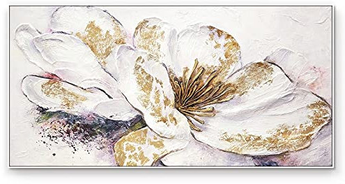 MWMG Ölbilder Auf Leinwand Handgemalt, Moderne Abstrakte Weiße Textur Blühende Pfingstrose Blume Goldfolie Kunstwerk Handgemalte Ölgemälde Auf Leinwand Wandkunst Für Wohnzimmer Schlafzimmer B
