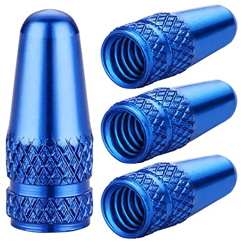Aluminum Presta Valve Stem Caps – Blue Tire Air Dust Covers for Bike (4 Pack) – Fit French Valves on Road, MTB, Hybrid, Racing, Fitness, Folding & Fat Bikes