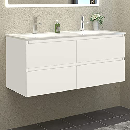 HAPAOSO Doppelwaschtisch mit Unterschrank Badezimmer 120 cm Breit Badmöbel Set mit Waschbecken und 4 Soft-Close Schubladen Waschtisch Unterschrank Weiss für Badezimmer Hängend