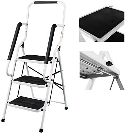 Escabeau Pliable à 3 marches - Escabeau Pliable en Acier Robuste avec Main Courante - Escabeau de Sécurité avec Pieds Antidérapants - Escabeau en Robuste pour Ménage, Bureau, Peinture et Décoratif