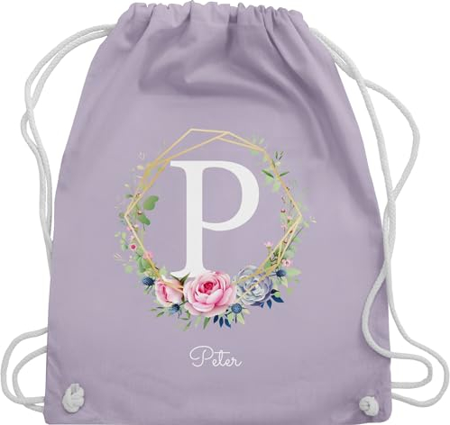 Turnbeutel Rucksack - Initialen mit Namen - Unisize - Pastell Lila - schulkind beutel buchstaben buchstabe stoffbeutel turnsack kindergarten anfangsbuchstabe blumenkranz sportbeutel