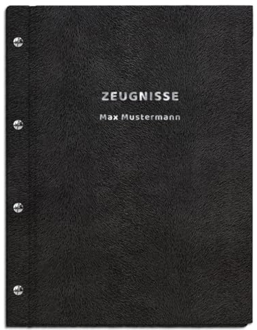 Personalisierte Zeugnismappe in schwarzer Felloptik mit 2-zeiliger Prägung | für Zeugnisse, Urkunden oder Dokumente in DIN A4 - inkl. 12 Sichthüllen - handgefertigt und personalisierbar mit eigenem Text