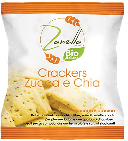 Snack Crackers alla Zucca e Chia 30 g, con olio di semi di girasole, 24 pacchetti, snack bio, merenda biologica, aperitivo, crackers salati