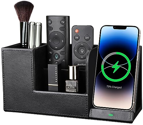 KINGFOM Schreibtisch Organizer Büro, PU Leder Büro Organizer mit Stiftehalter Stiftebox Stifteköcher und Wireless Charger für iPhone 14/13/12 Series, Samsung Galaxy S23/S22/S21/Note 20/Note 10