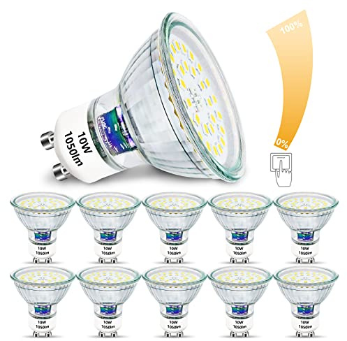 Unikcst 10er GU10 LED 10W Dimmbar Glühbirnen | Ersetzt 100W Halogen Leuchtmittel, Hell 1050Lumen, 6000K Kaltweiß, LED Spot 230V Flimmerfrei Reflektorlampen
