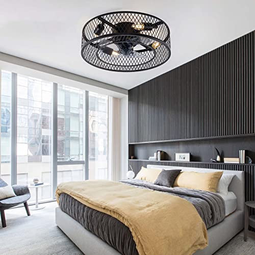 BRWOIN Plafonnier Ventilateur Noir Et Télécommande 6 Vitesses Ventilateur Silencieux Plafond Avec Lumiere Réversible Moteur DC Lustre Ventilateur Industriel Vintage Lumière Pour Salon Cuisine-B
