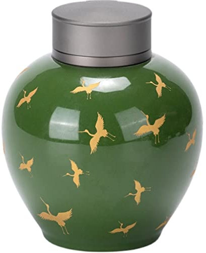 RAKUTE Little Ceramic Green Porcelain Rage Jar with Airtight Metal Lid, Modern Tea Tins Cans Cute Crane Patterns Tea Caddy for Sugar, Coffee, Spices, Cereal, Loose Tea Jars