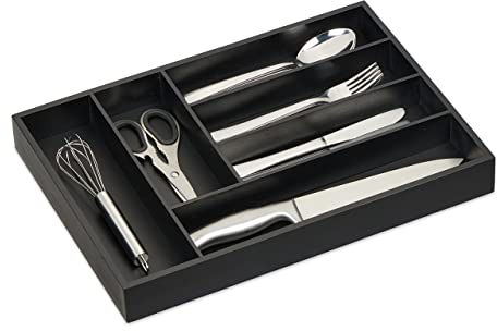 Relaxdays Besteckkasten für Schubladen, 6 Fächer, HxBxT: 5x43x30,5 cm, Schubladeneinsatz, Besteckeinsatz Bambus, schwarz