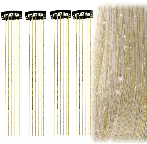 QIUMING 4 Stücke Glitzersträhnen Haarverlängerung Lametta-Haarverlängerungen Zöpfe für Zöpf haar ketten Quaste Haarspangen Tassel Hair Für Frauen für Weihnachten und Täglichen Gebrauch (Gold)