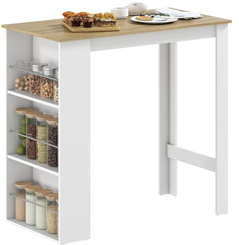 HOMCOM Mesa Alta de Bar con 3 Estantes Laterales 112x57x106 cm Blanco