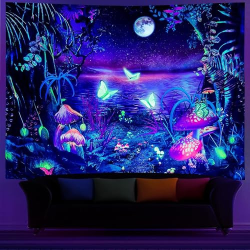 Ulticool – Pilze Schmetterlinge - Glow in the Dark Wandteppich - Schwarzlicht under UV Reaktive Bright Black Neon Light - Blacklight Psychedelisch im Dunkeln Leuchtende Wandtuch - 200 x 150 cm