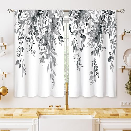 oolygoo Eucalyptus Botanical Leaves Grey Floral Kitchen Window Curtains Over Sink Farmhouse Flower Leaf Small Window Treatment Cafe Short Curtains for Bathroom Treatment Tier Drapes 26x36 inch