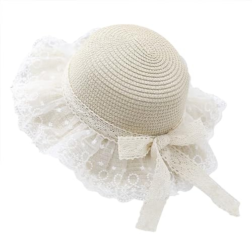 JIAHG Chapeau de Paille en Dentelle pour Fille 2-5 Ans Chapeau de Soleil avec Nœud Papillon Chic Protection Solaire Capeline de Voyage Plage Bord de la mer