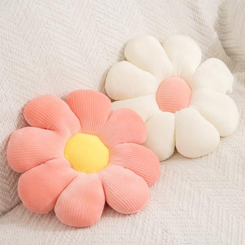 FSRONGXI 2pcs Daisy Flower Pillow Throw Pillows, Cute Aesthetic Preppy Room Decor Flower Cushion Floor Cushions for Girls Bedroom Sofa Chair (Pink & White, 38x38cm)