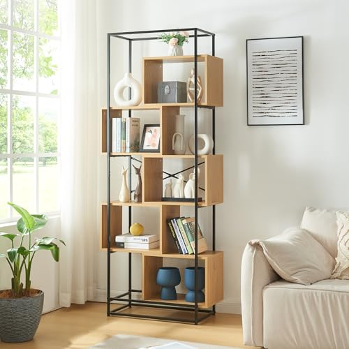 [en.casa] Bücherregal Rennebu Standregal 194 x 80 x 33 cm Raumteiler Mehrzweckregal mit 5 Fächern Regal mit Metallgestell Schwarz/Eiche