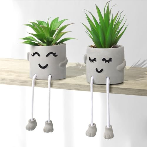 Dremisland 2PCS Artificial Plants Indoor Fake Plastic Succulent Plants Potted with Hanging Leg Emotional Cement Flower Pots Desk Plant Decor for Home Office Table Desk Living Room Bookshelf