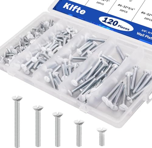 Klfte 120 pcs Wall Plate Screws, White Outlet Screws 6-32 Thread Light Electrical Cover Panel Switch Plate Screws 5 Length Sizes (3/8, 9/16, 3/4, 1, 1.2)