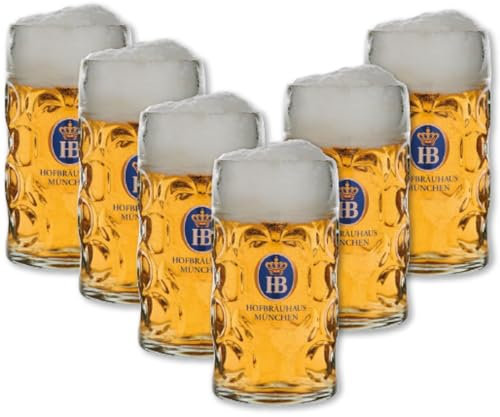 Hofbräuhaus München Set di 6 brocche per birra, 0,5 l, originale Isarseidel, boccale per birra con stemma HB e scritta tradizionale (6 pezzi, 0,5 L)