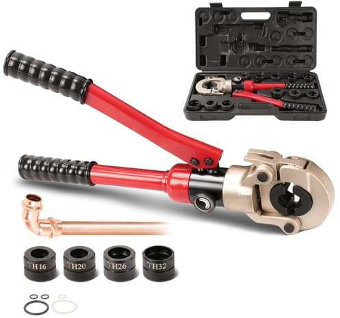 TEENO Pince à sertir professionnelle 10T, Profil TH 16, 20, 26, 32, Pour tube composite avec raccords du profil TH, Tête Rotative à 360° et Poignée Ergonomique en Caoutchouc, Inserts de mâcho, Rouge